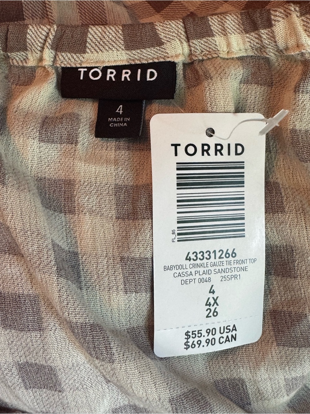 torrid Beige and White Gingham Peasant Tunic 4x nwt - Picture 7 of 7